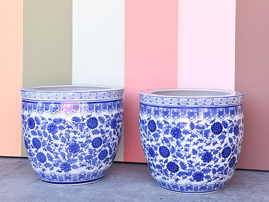 Pair of Huge Blue and White Cachepots