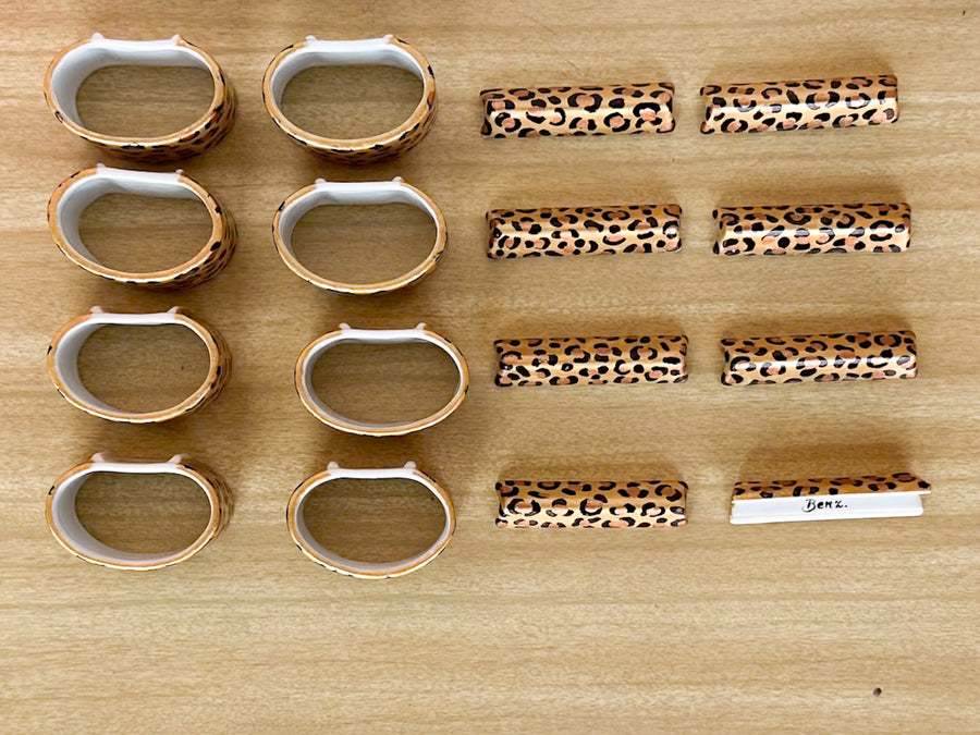 Set of Eight Hand Painted Cheetah Napkin Rings and Knife Rests