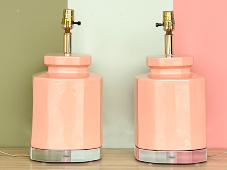 Pair of Coral and Lucite Bauer Lamps