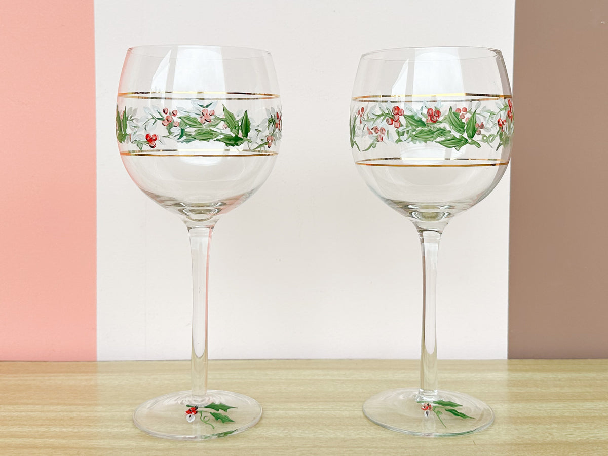 Set of Four Hand Painted Holly Stemware