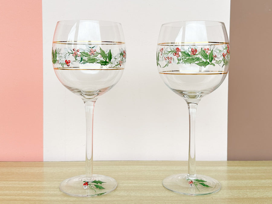 Set of Four Hand Painted Holly Stemware