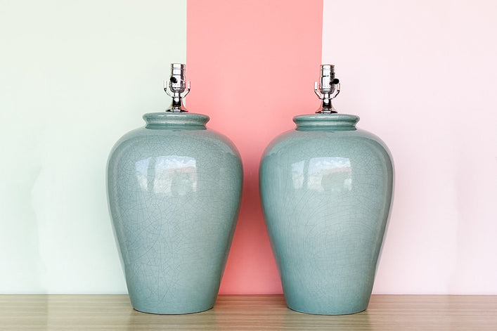 Pair of Large Ocean Blue Crackle Lamps