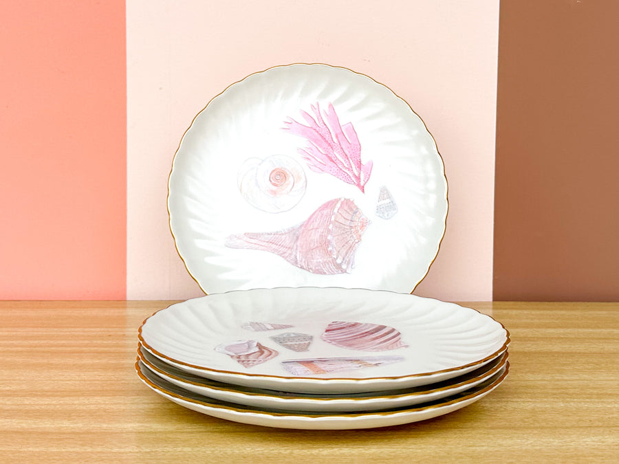 Set of Four Decoupage Shell Plates