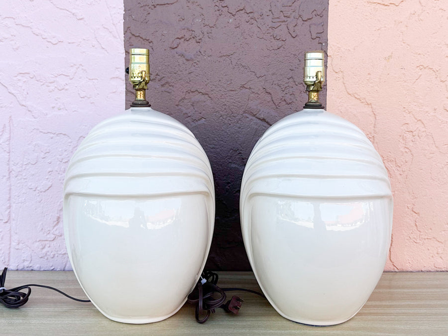 Pair of Cream Ceramic Sphere Lamps