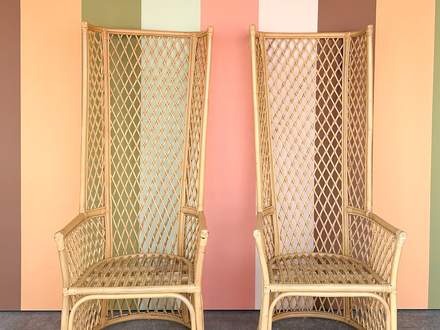 Pair of High Back Rattan Lattice Chairs
