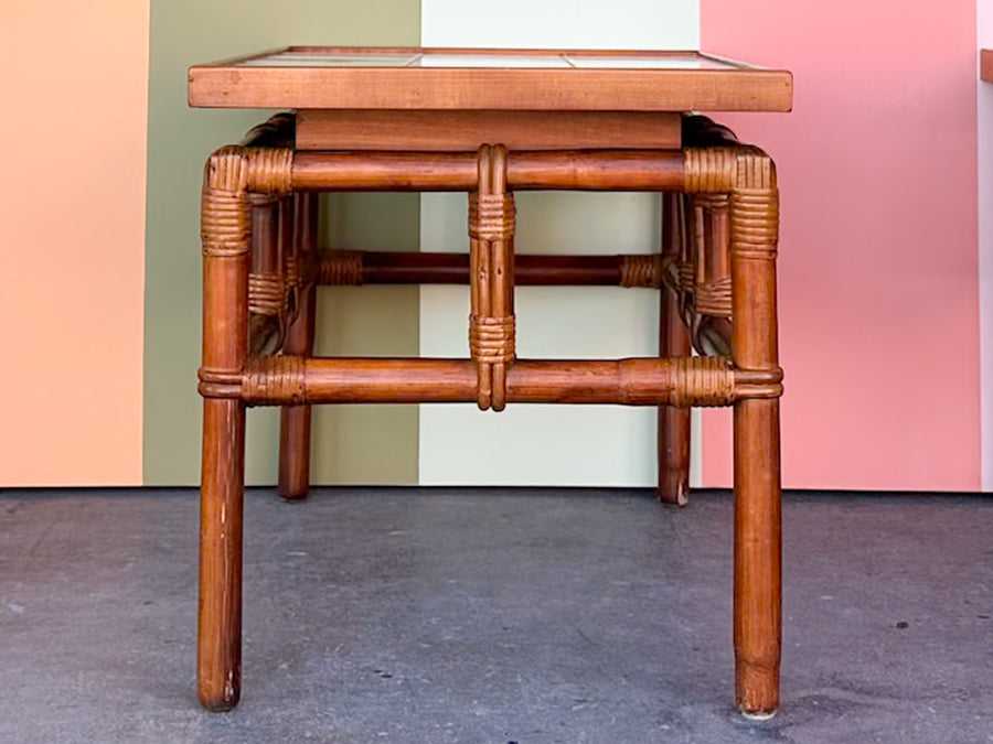 Pair of John Wisner for Ficks Reed Rattan Tile Top Side Tables