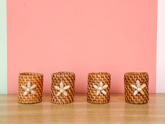 Set of Four Daisy Shell and Rattan Napkin Rings