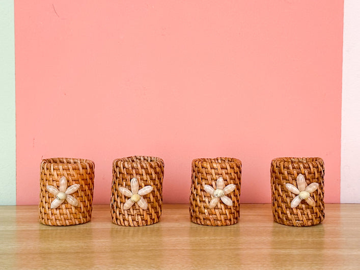 Set of Four Daisy Shell and Rattan Napkin Rings