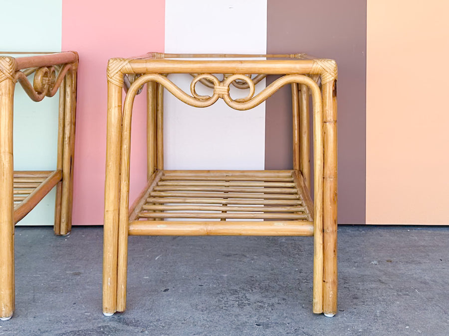 Pair of Old Florida Rattan Side Tables