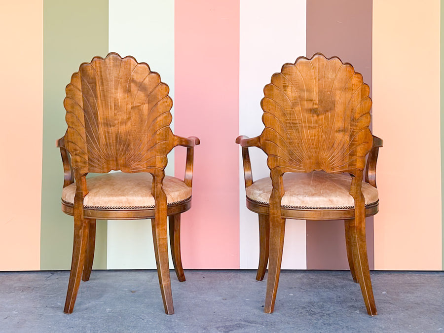 Pair of Shell Wood Back Accent Chairs