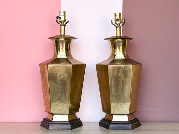 Pair of Etched Brass Chinoiserie Lamps
