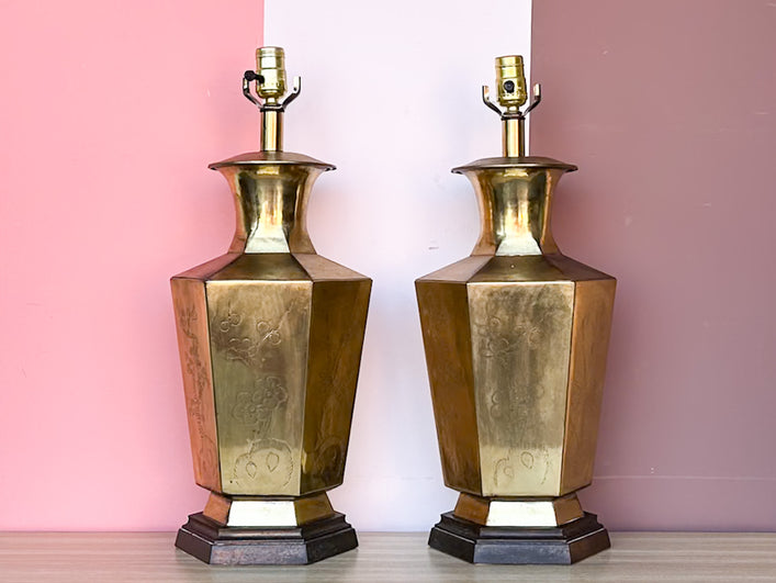 Pair of Etched Brass Chinoiserie Lamps