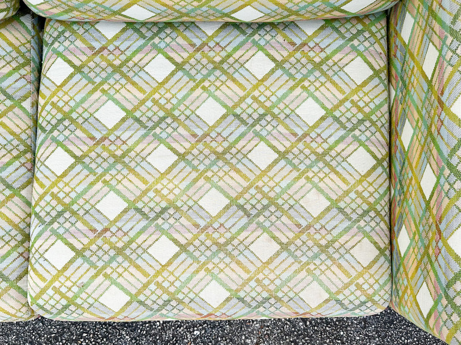 Pink and Green Plaid Upholstered Sofa