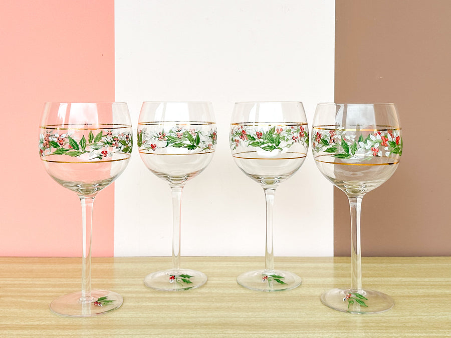 Set of Four Hand Painted Holly Stemware