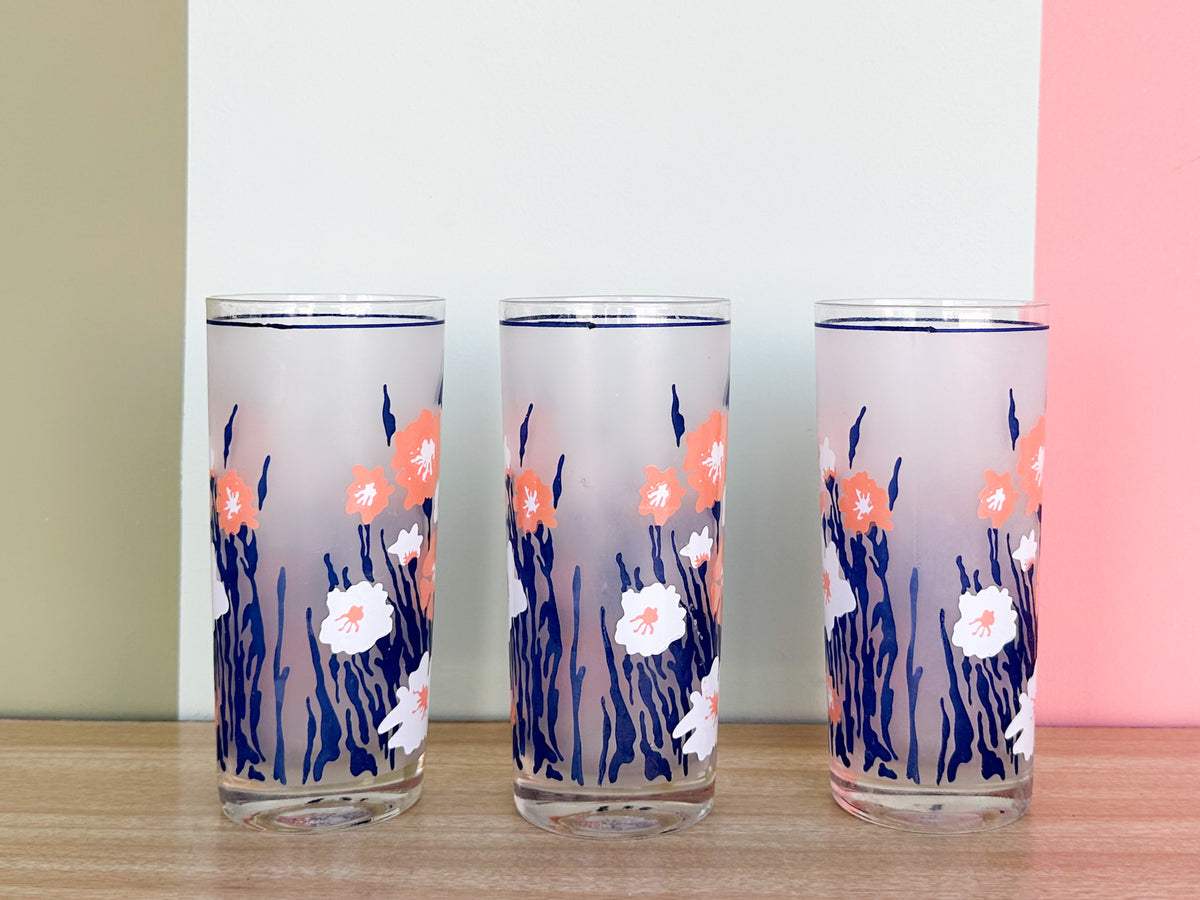 Set of Six Culver Blue and Orange Flower Glasses