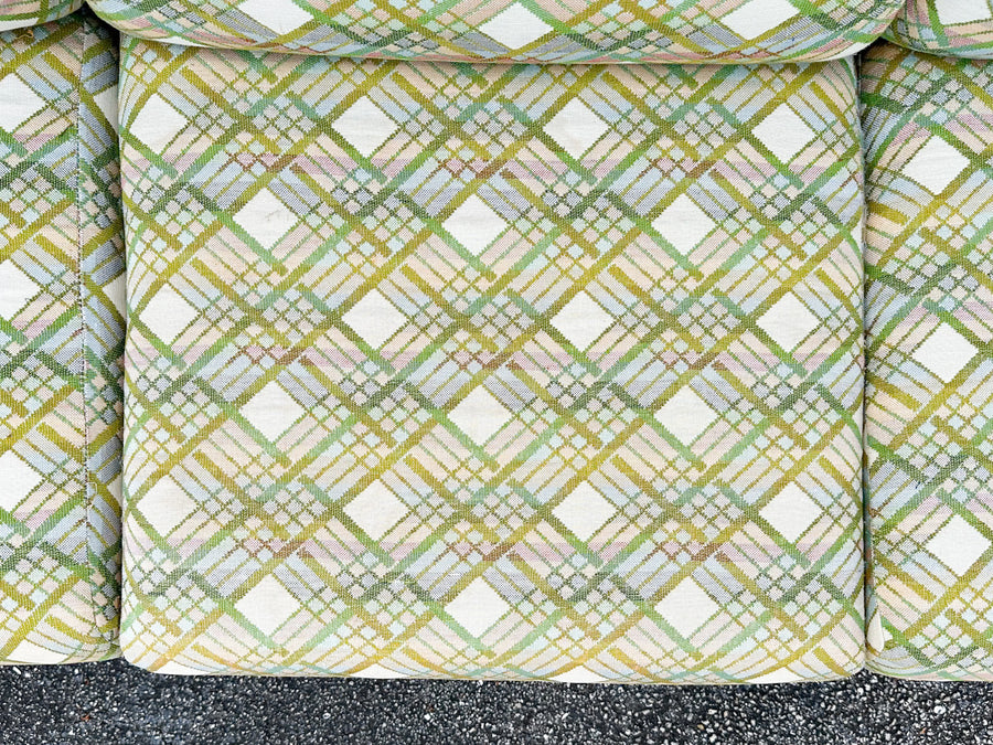 Pink and Green Plaid Upholstered Sofa