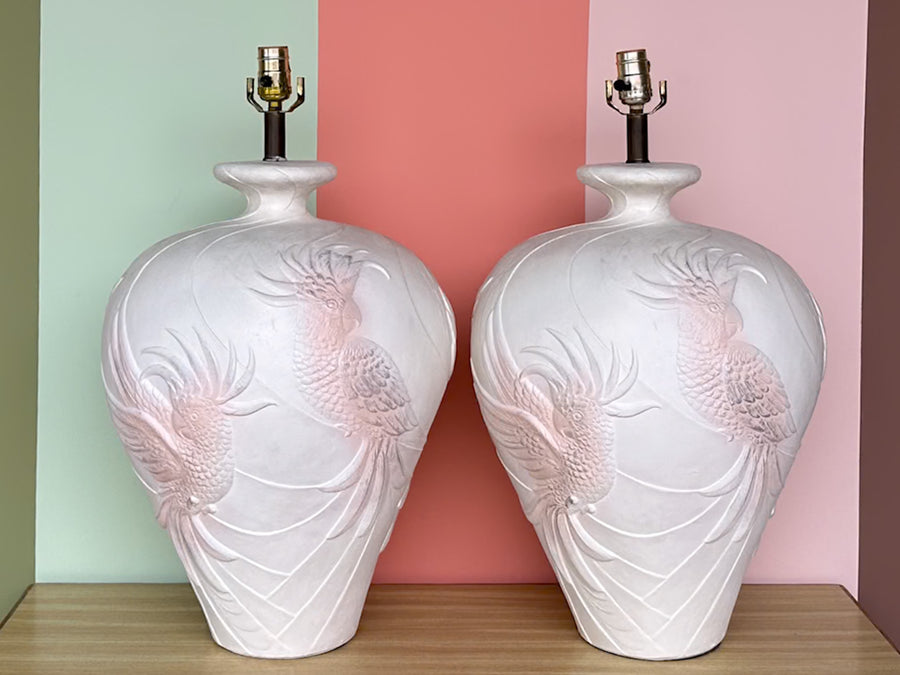 Pair of Large Plaster Cockatoo Lamps