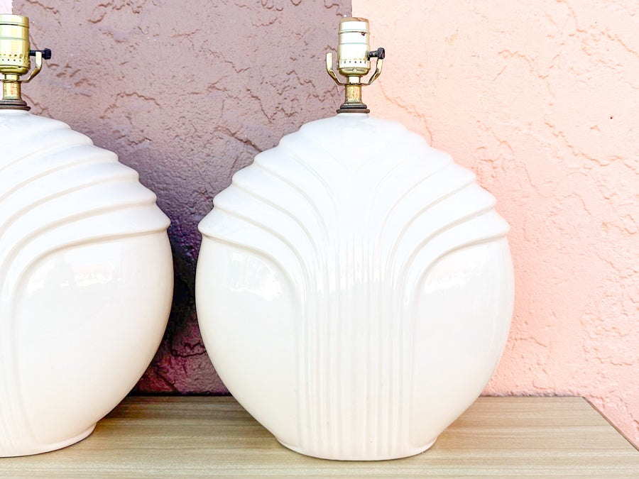 Pair of Cream Ceramic Sphere Lamps