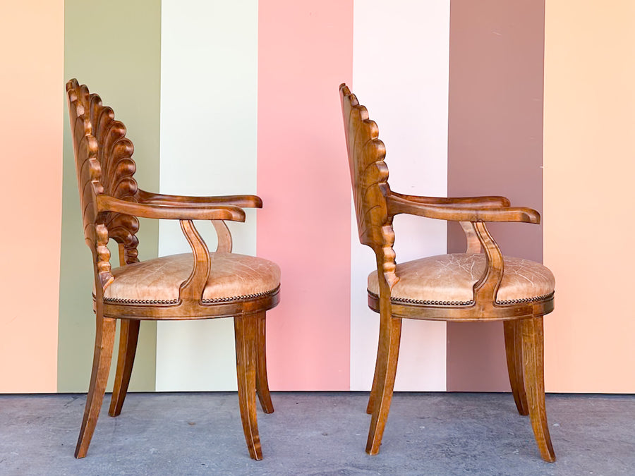 Pair of Shell Wood Back Accent Chairs
