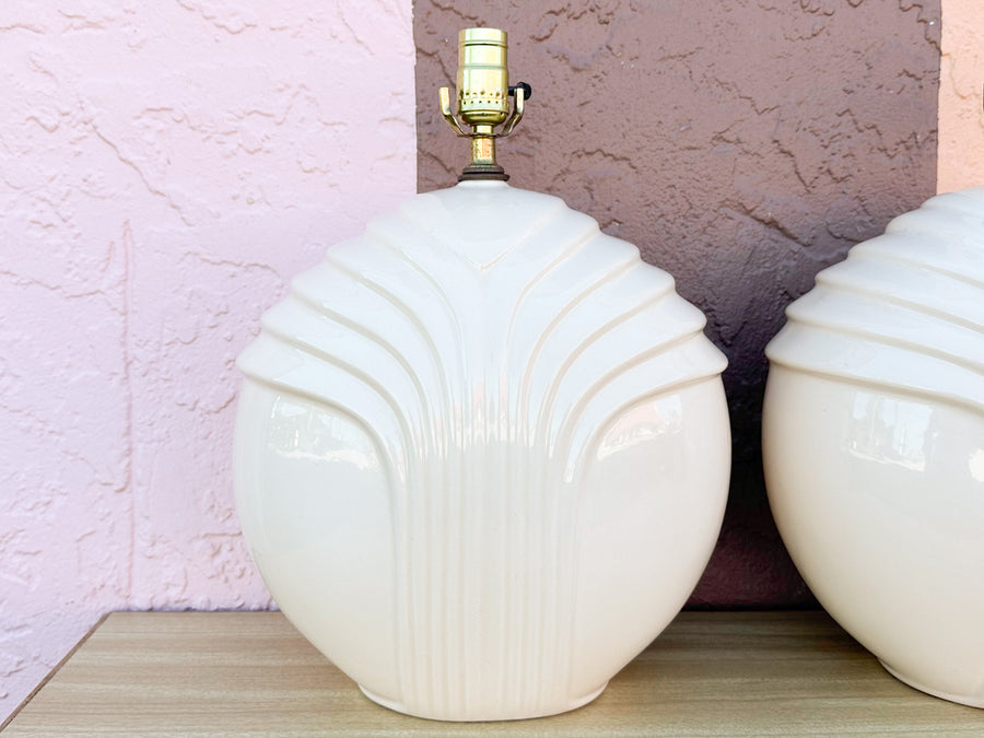 Pair of Cream Ceramic Sphere Lamps