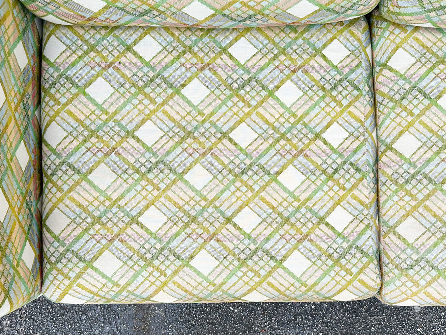 Pink and Green Plaid Upholstered Sofa