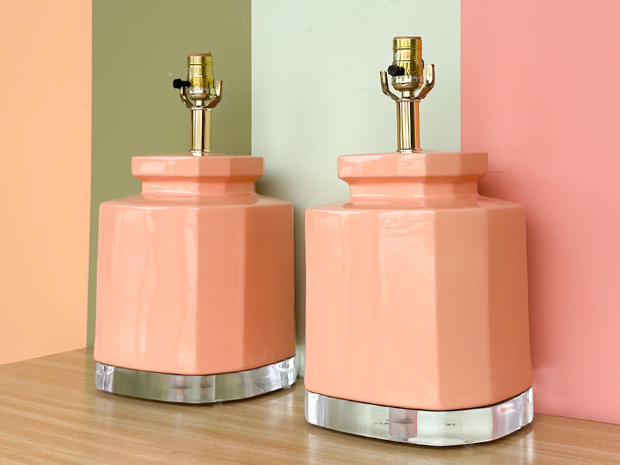 Pair of Coral and Lucite Bauer Lamps