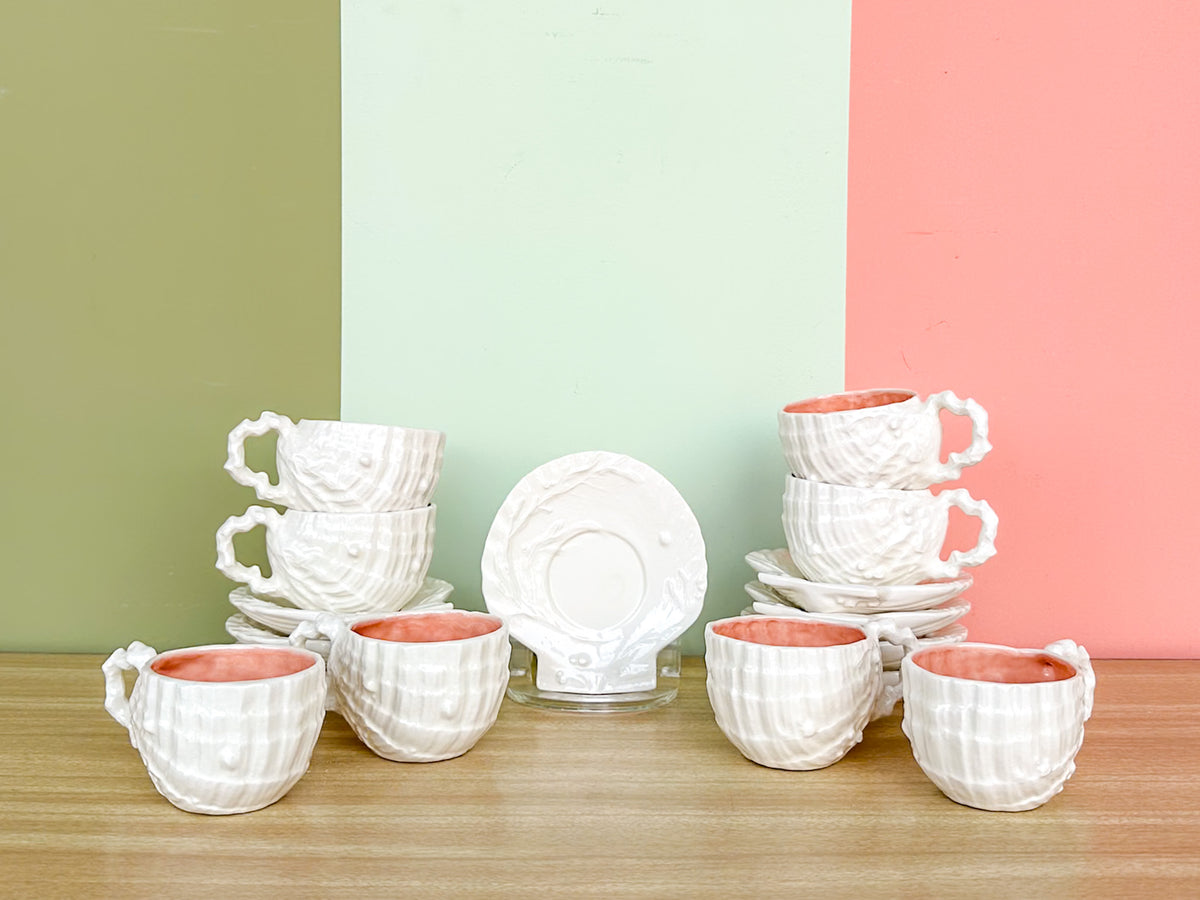 Set of Eight Shell Tea Cups and Saucers