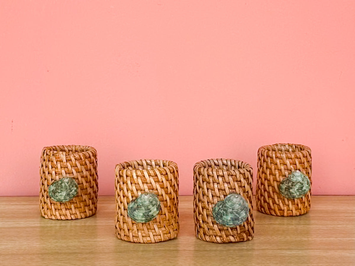 Set of Four Emerald Shell and Rattan Napkin Rings