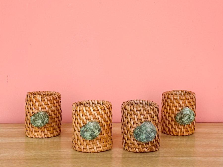 Set of Four Emerald Shell and Rattan Napkin Rings