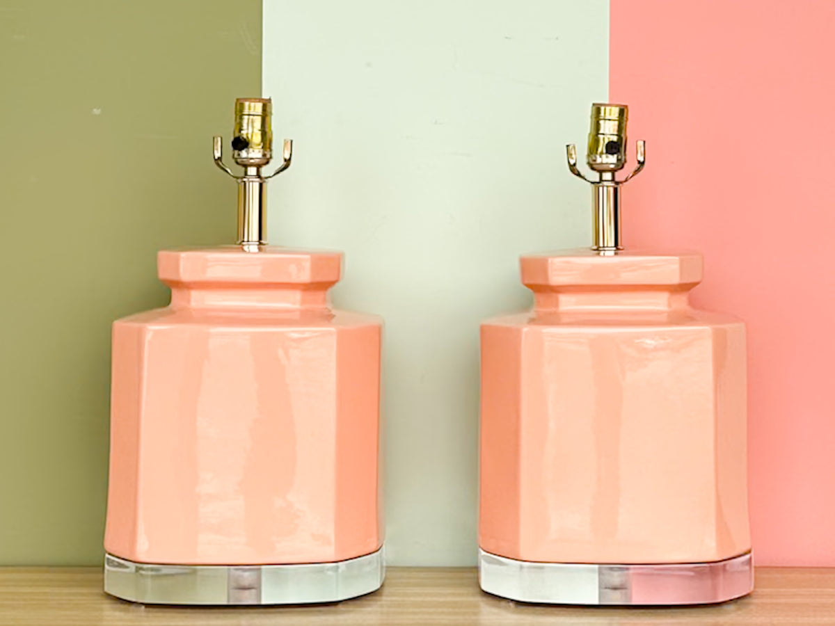 Pair of Coral and Lucite Bauer Lamps