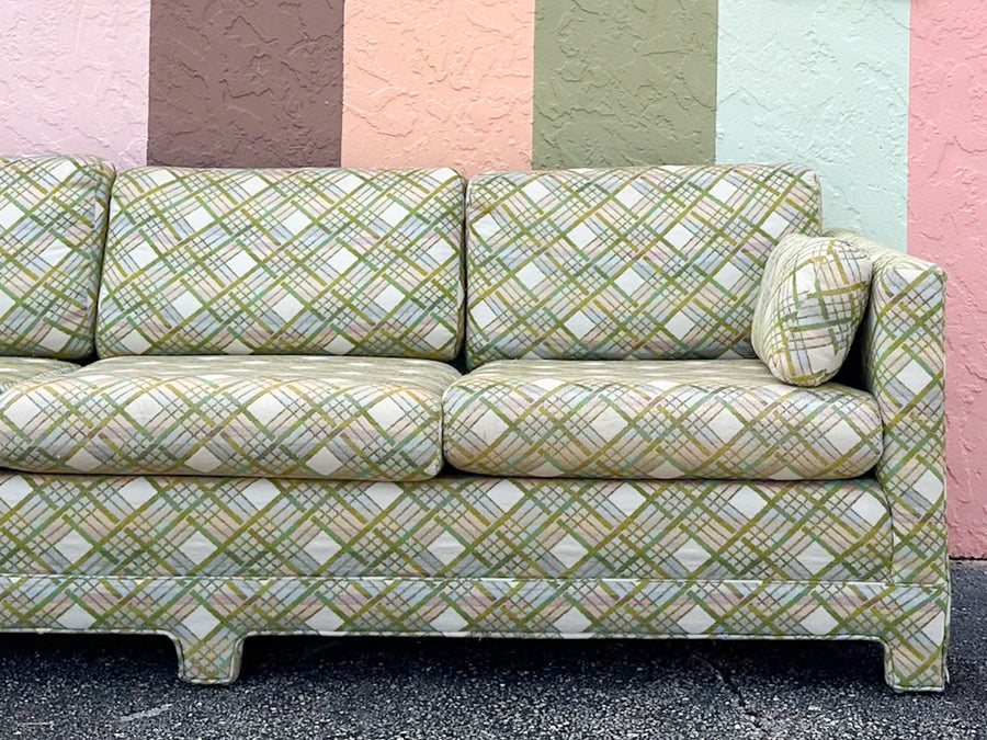 Pink and Green Plaid Upholstered Sofa