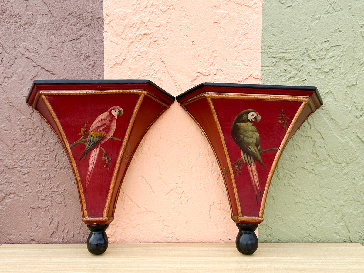 Pair of Hand Painted Bird Wall Shelves