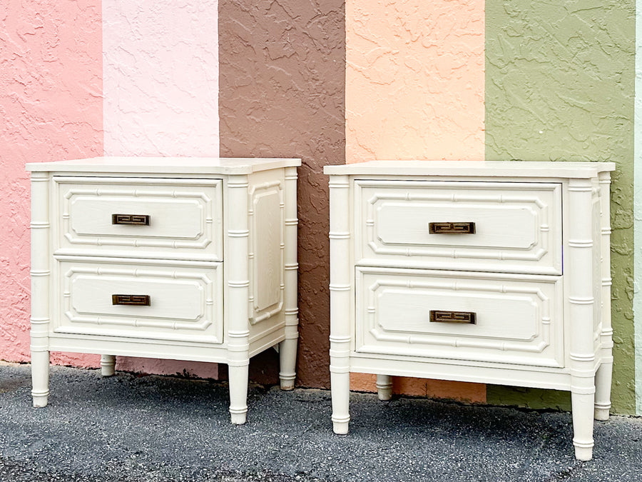Pair of Greek Key and Faux Bamboo Nightstands