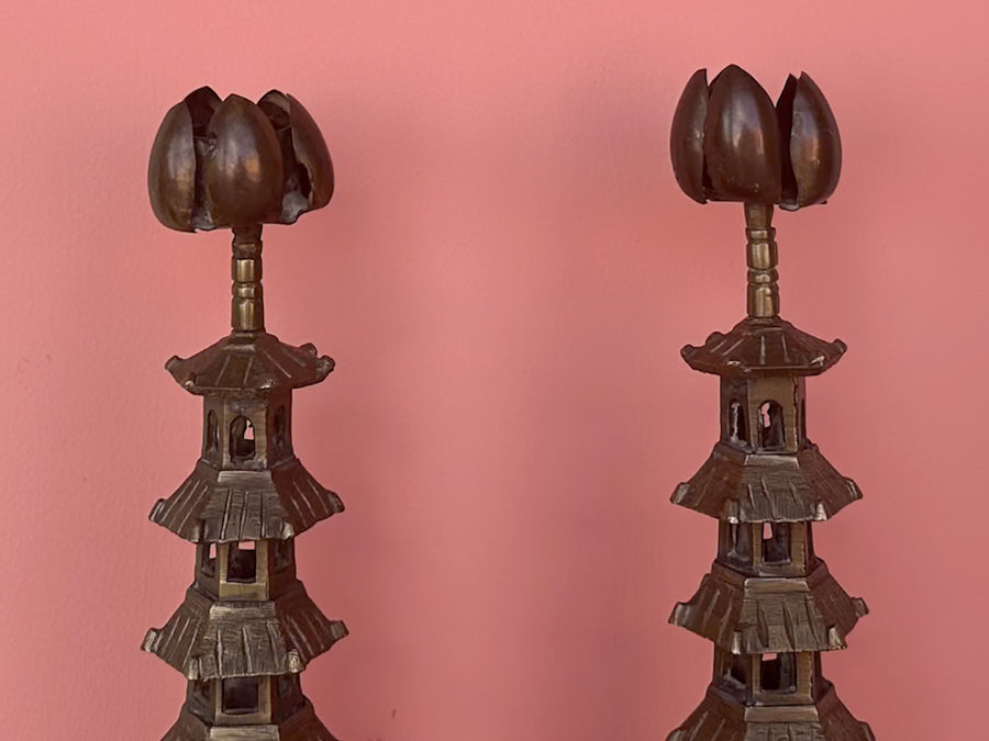 Pair of Brass Pagoda Candlesticks