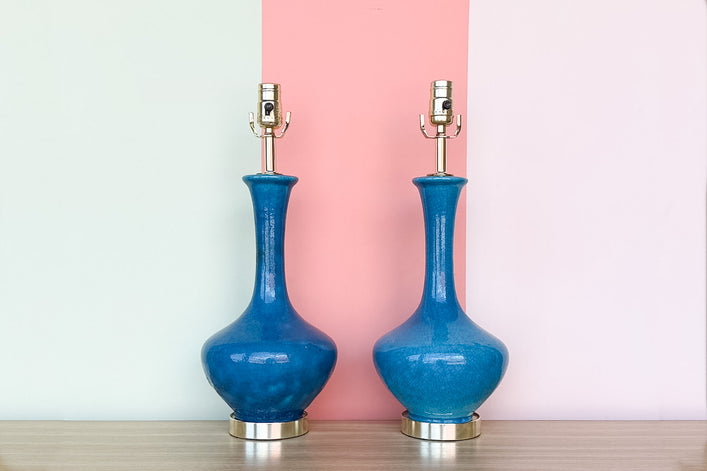 Pair of Ocean Blue MCM Style Lamps