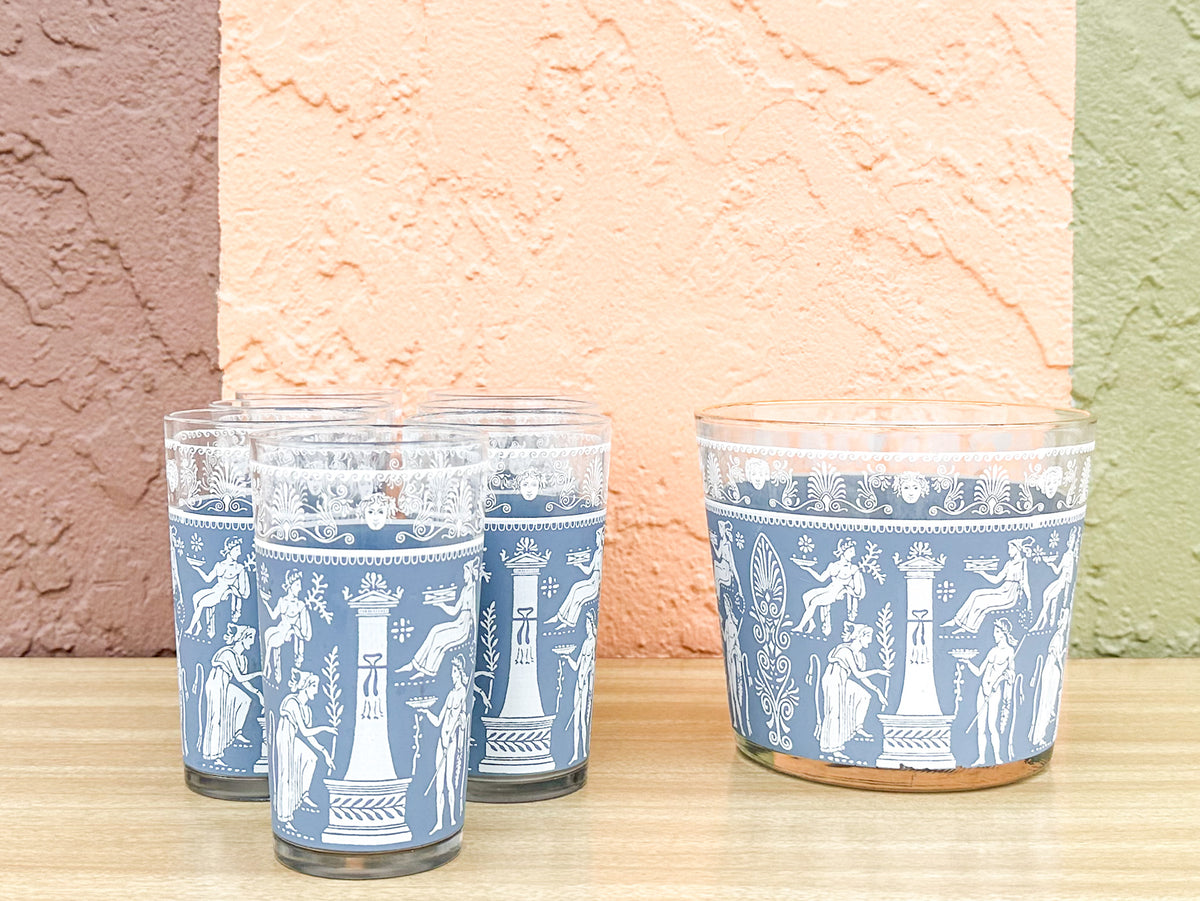 Ancient Greek Ice Bucket and Set of Seven Glasses