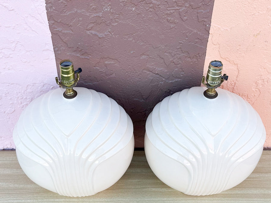 Pair of Cream Ceramic Sphere Lamps