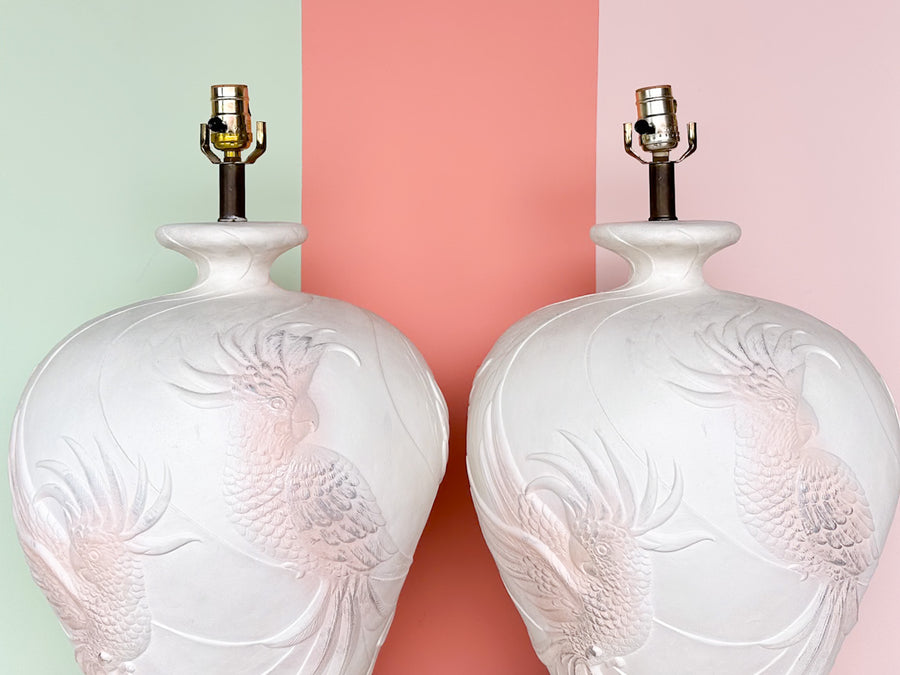 Pair of Large Plaster Cockatoo Lamps