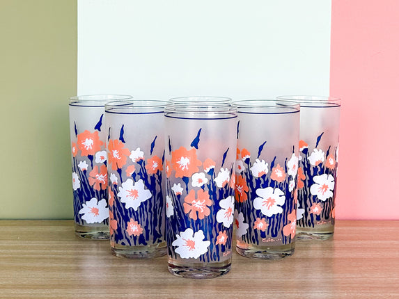 Set of Six Culver Blue and Orange Flower Glasses