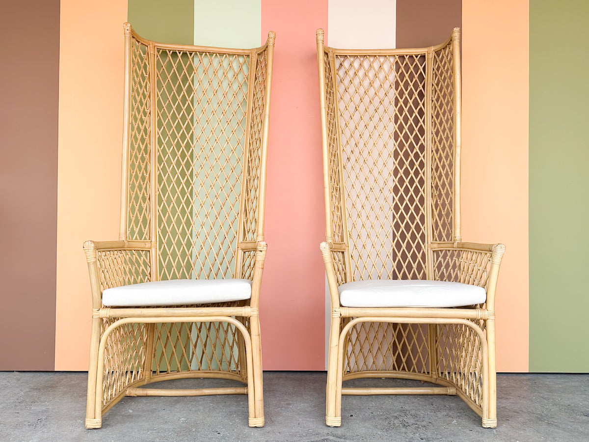 Pair of High Back Rattan Lattice Chairs