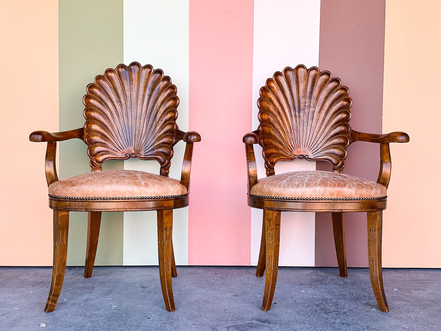 Pair of Shell Wood Back Accent Chairs
