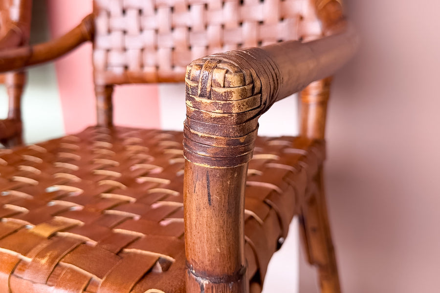 Pair of Island Chic Leather and Rattan Arm Chairs