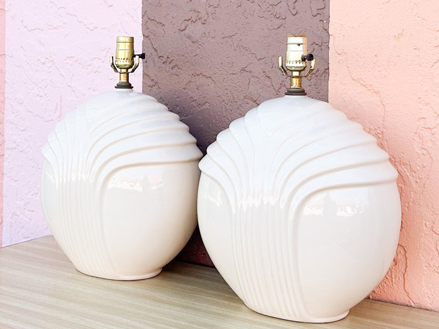 Pair of Cream Ceramic Sphere Lamps
