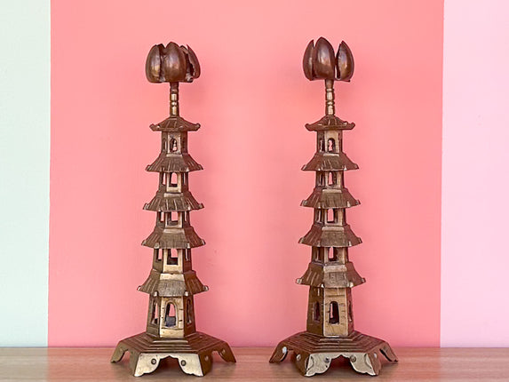 Pair of Brass Pagoda Candlesticks