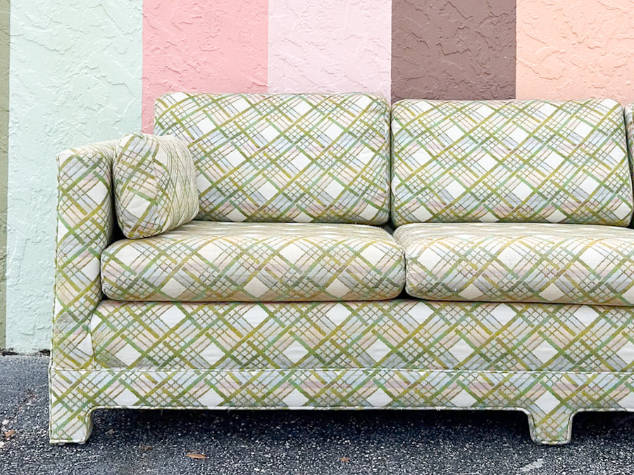 Pink and Green Plaid Upholstered Sofa