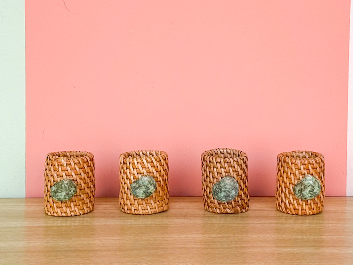 Set of Four Emerald Shell and Rattan Napkin Rings
