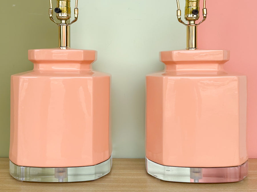 Pair of Coral and Lucite Bauer Lamps