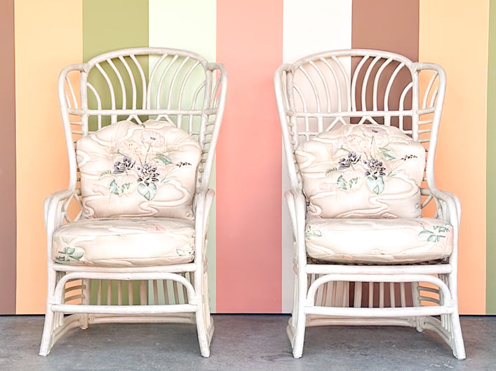 Pair of Ficks Reed Rattan Wing Back Chairs