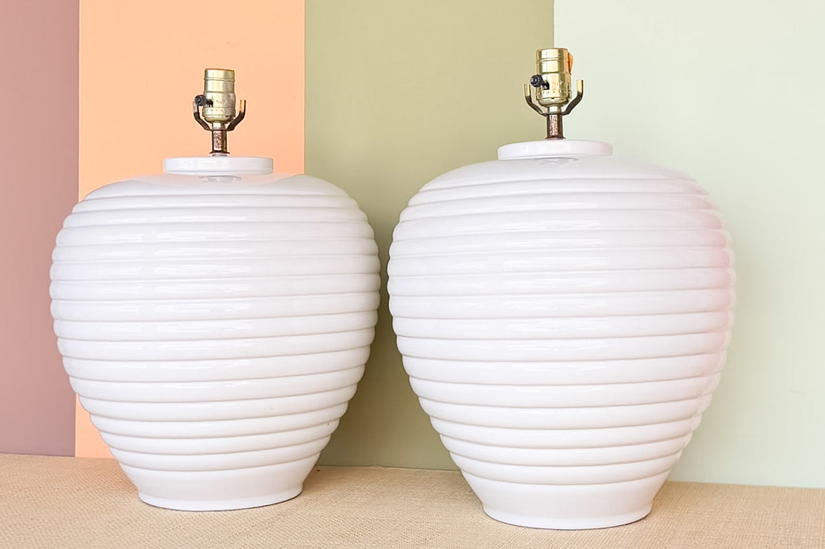 Pair of Ribbed White Ceramic Lamps