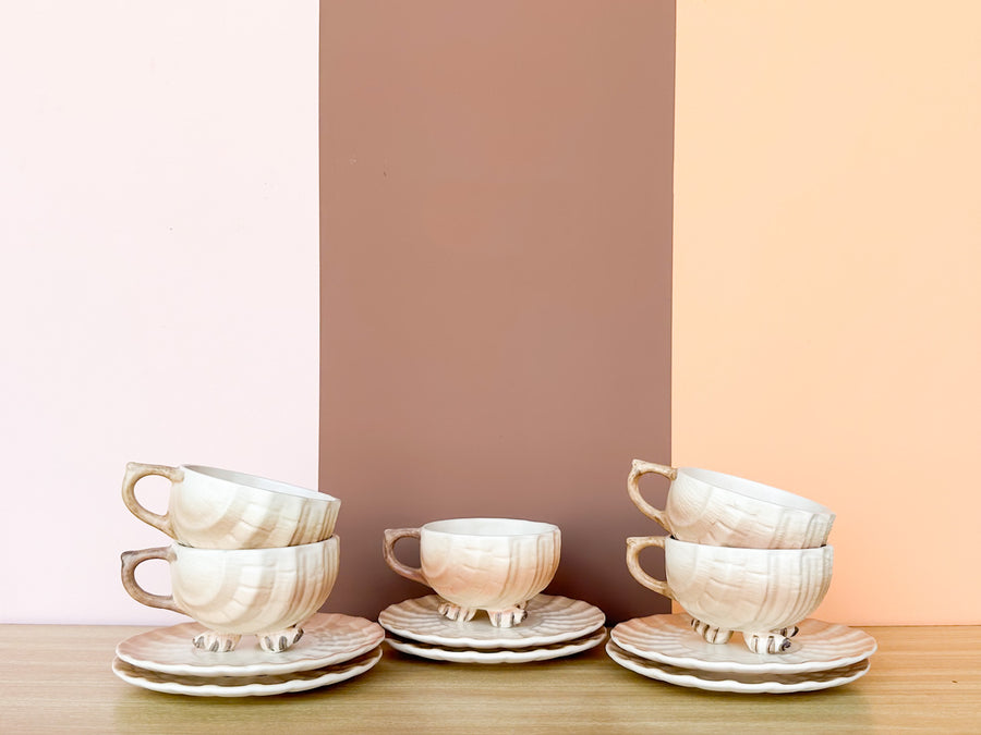 Set of Five Seashell Teacups and Saucers